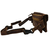 Brown leather waist bag with strap on a white background