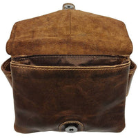 Brown leather bag with visible stitching on a white background
