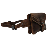 Brown leather waist bag with strap on a white background
