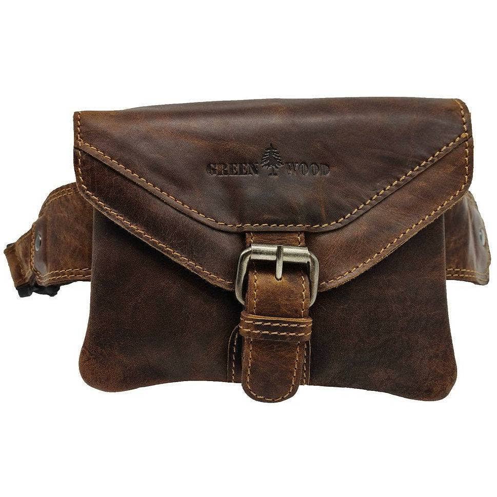 Brown leather waist bag with a buckle on a white background