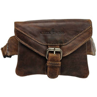 Brown leather waist bag with a buckle on a white background
