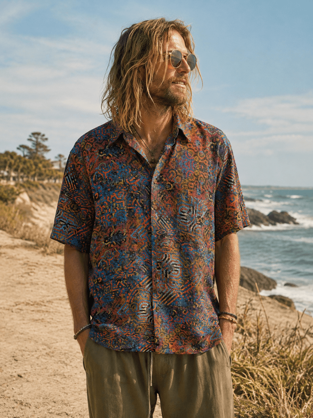 A man with long blonde hair and sunglasses stands on a sandy beach wearing a short-sleeve button-up shirt with an intricate multicolor pattern in blue, orange, and brown, paired with olive green pants.