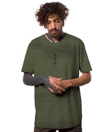 Man wearing a green shirt with buttons on a white background