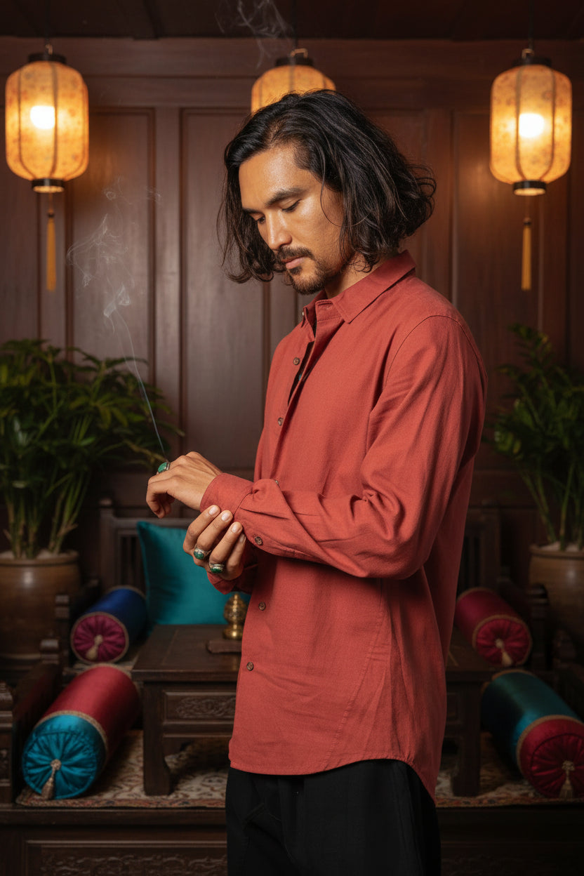 A man with long dark hair is wearing a rust-red long-sleeve button-up shirt and black pants, standing against a dark textured background while adjusting his cuff.