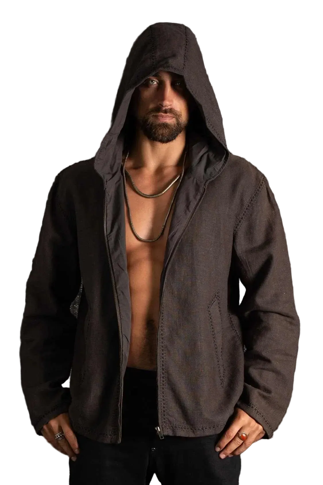 A man wearing a dark brown hooded zip-up jacket, styled open to show the chest, standing against a dark textured background.
