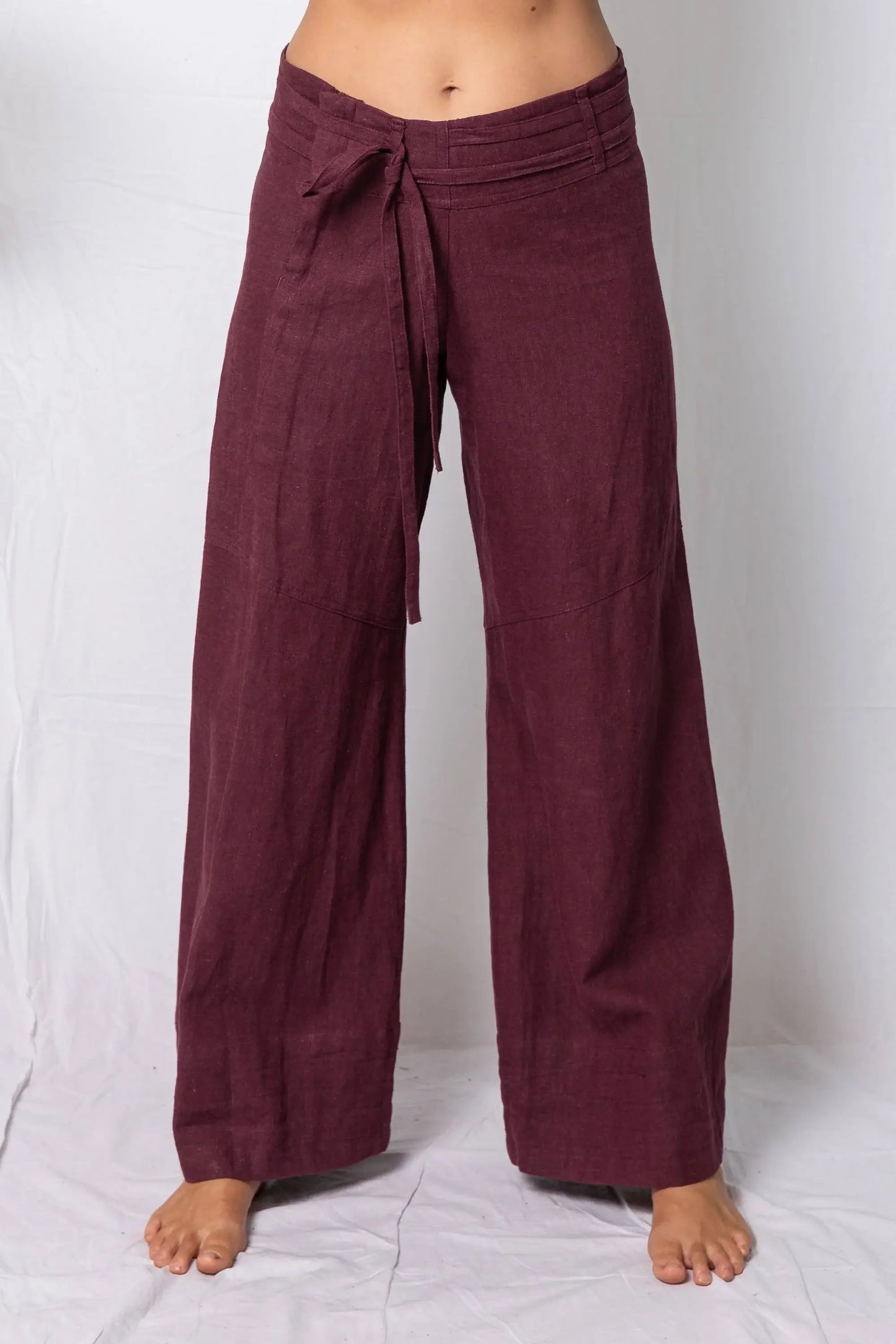 aubergine pants with white background
