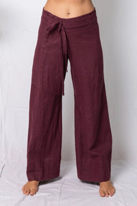 aubergine pants with white background
