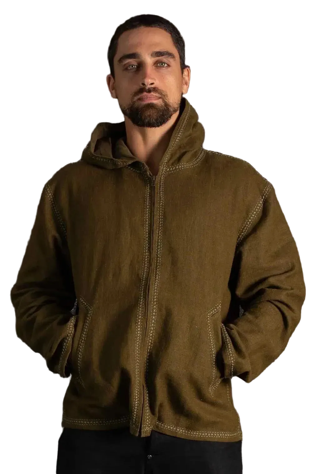 Man wearing a brown jacket against a dark textured background