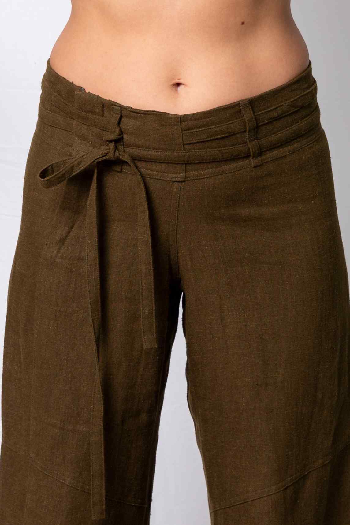Brown pants with a tie waist on a white background