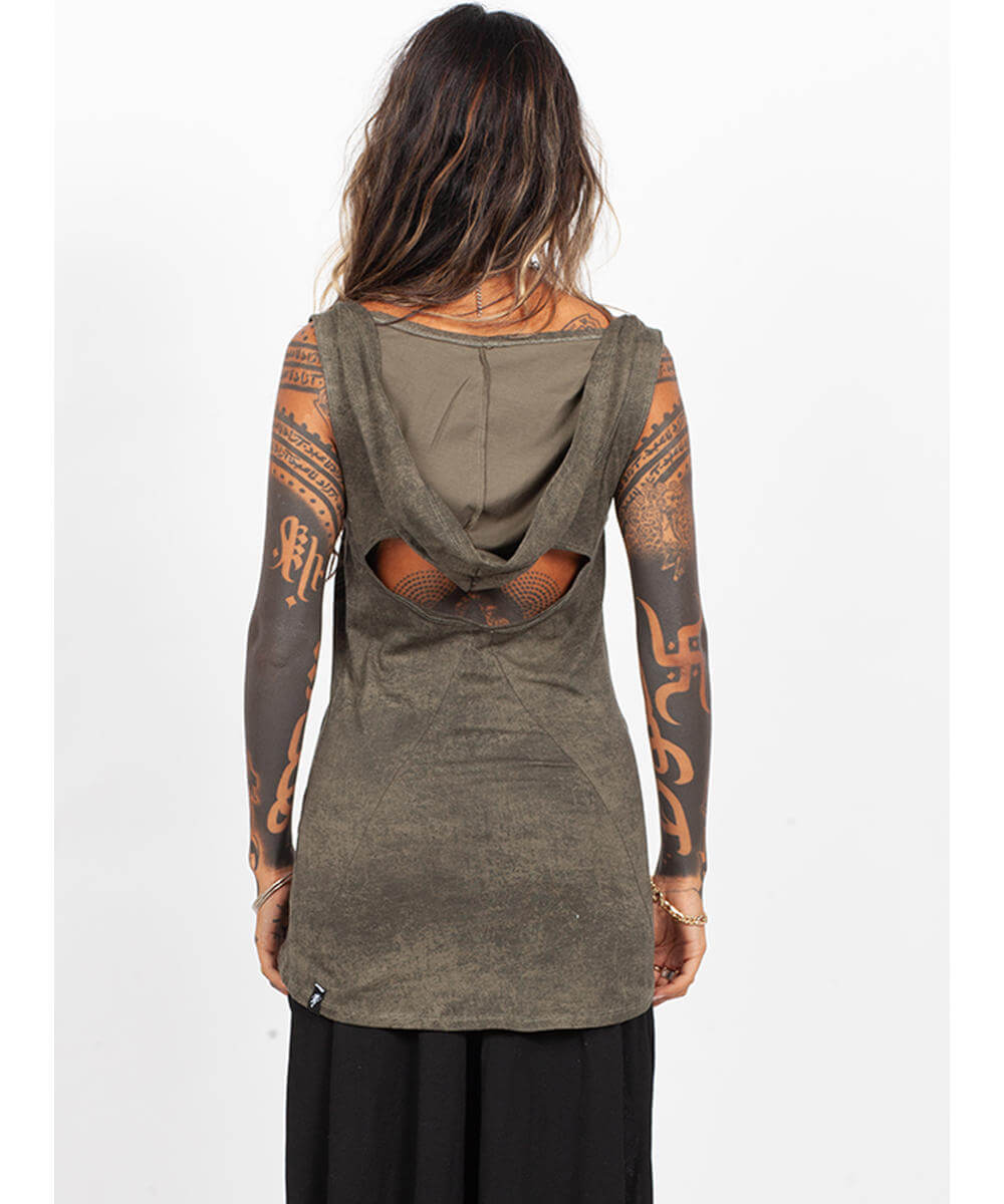 Person wearing a green hoodie with tattoos on arms, back view