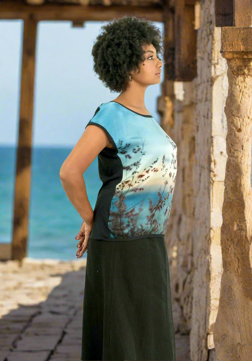 harriet jane silk tshirt with lennox head sunrise 