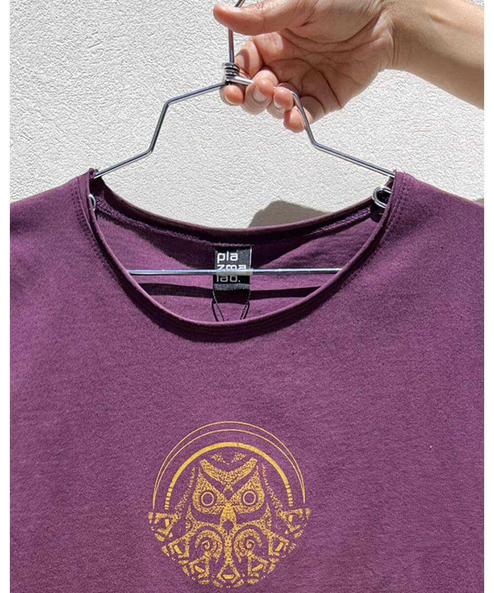 Purple t-shirt with a gold owl design on a hanger against a light gray background