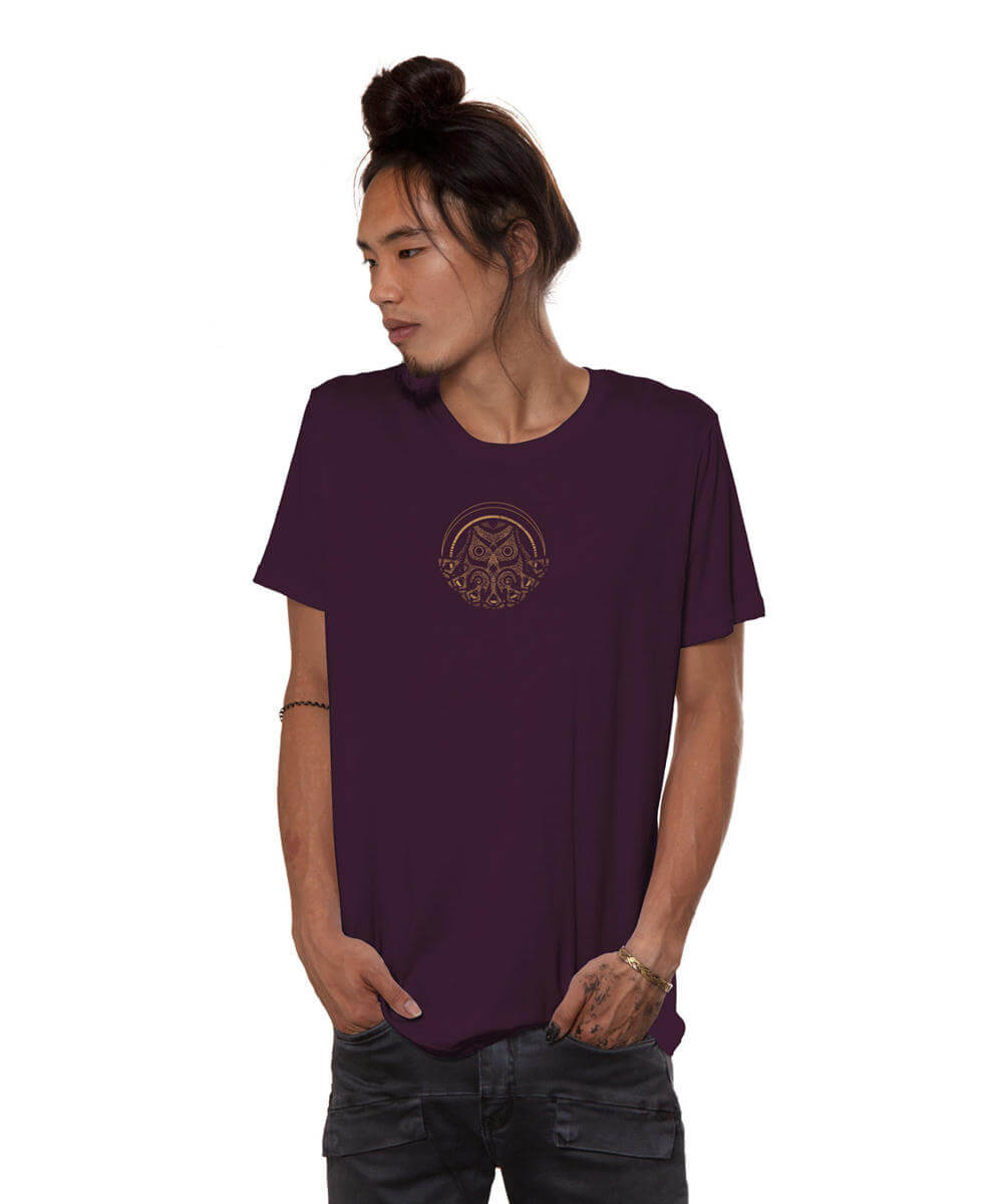 Person wearing a purple t-shirt with a logo on a white background