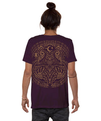 Person wearing a purple t-shirt with a detailed design on the back, standing against a white background