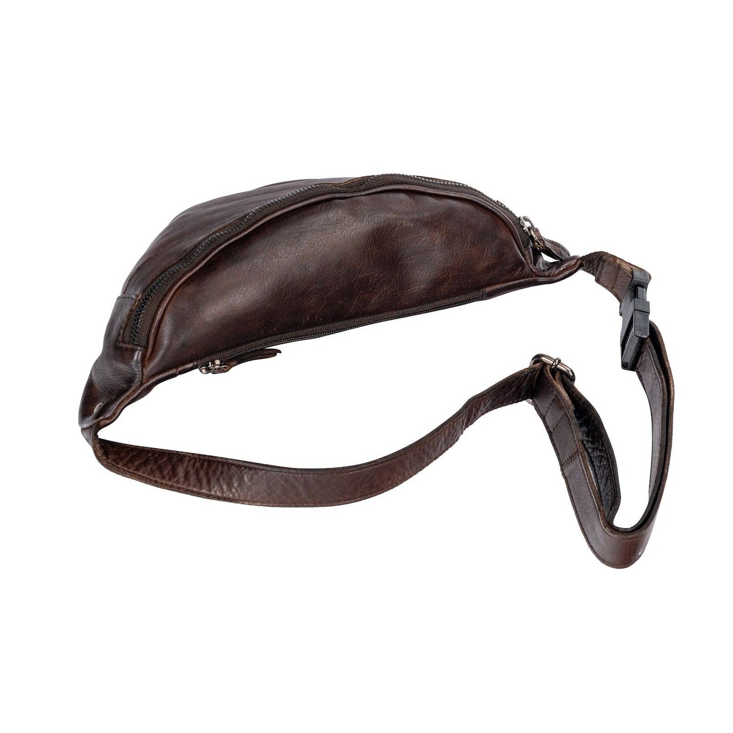 Brown leather waist bag on a white background