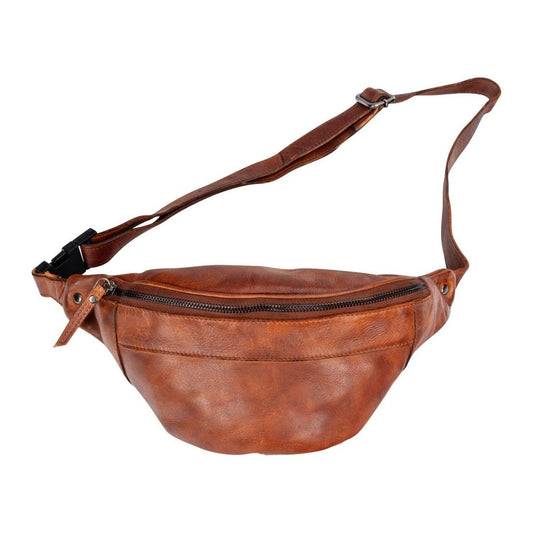 Brown leather waist bag with a strap on a white background