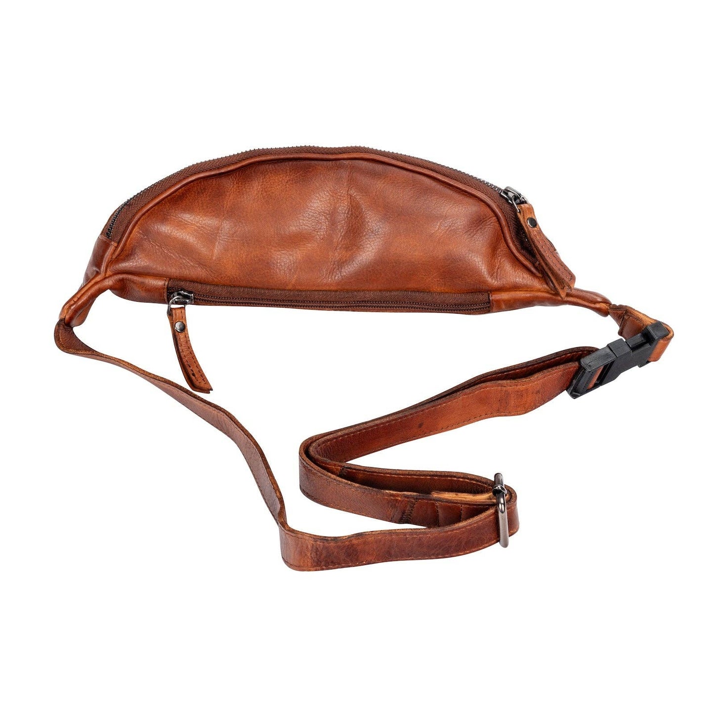 Brown leather waist bag with a strap on a white background