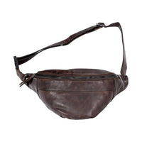 Brown leather waist bag with a strap on a white background