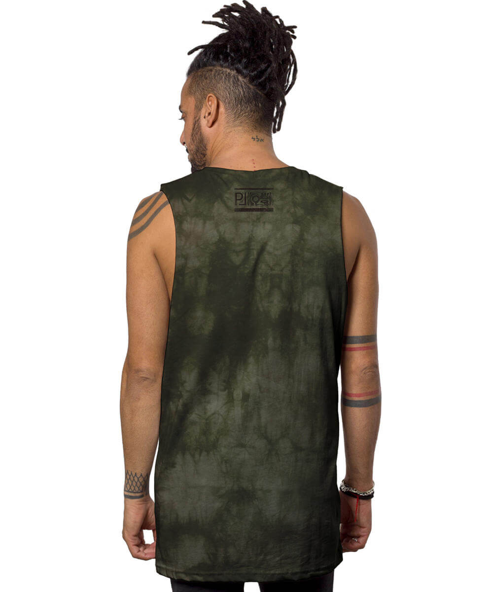 Person wearing a green sleeveless shirt with a brand logo on the back, standing against a white background.