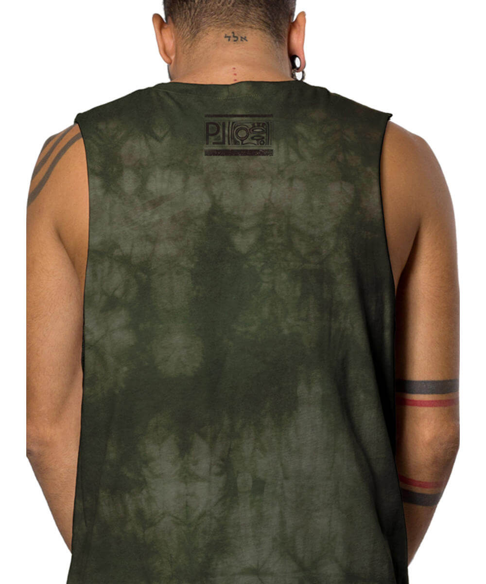Person wearing a green sleeveless shirt with a brand logo on the back, on a white background