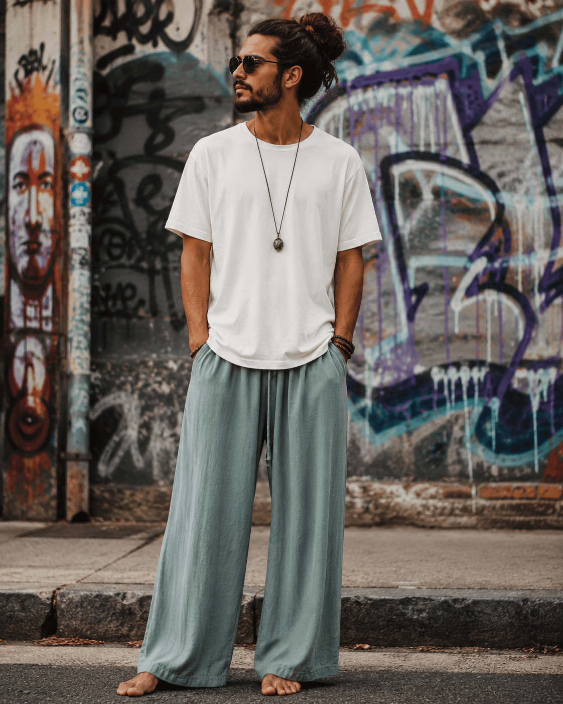 A man wearing a white t-shirt, sage green wide-leg pants, and sunglasses stands barefoot on a street in front of a graffiti-covered wall.
