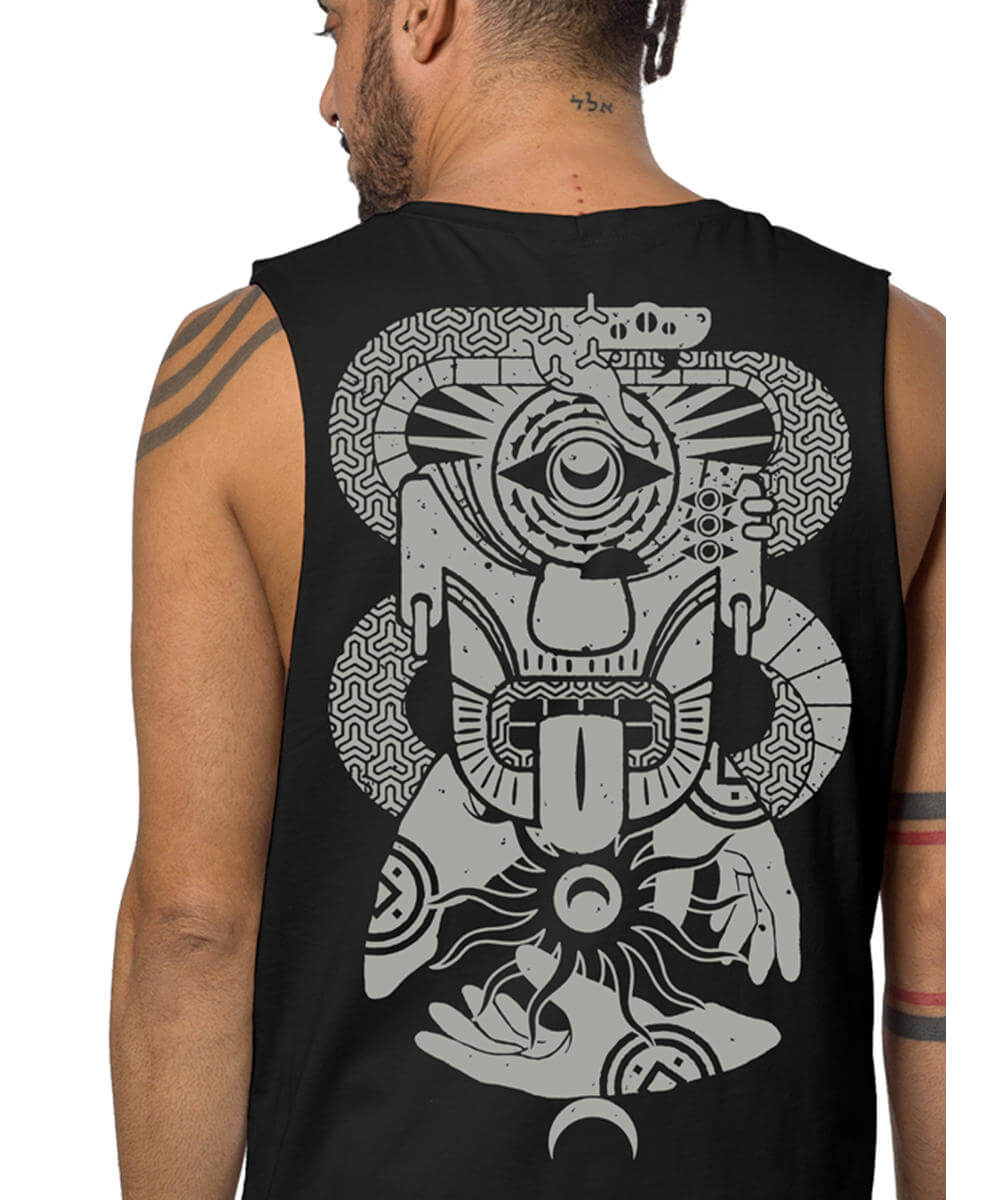 Black sleeveless shirt with a white graphic design on the back, worn by a person.