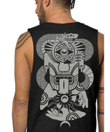 Black sleeveless shirt with a white graphic design on the back, worn by a person.