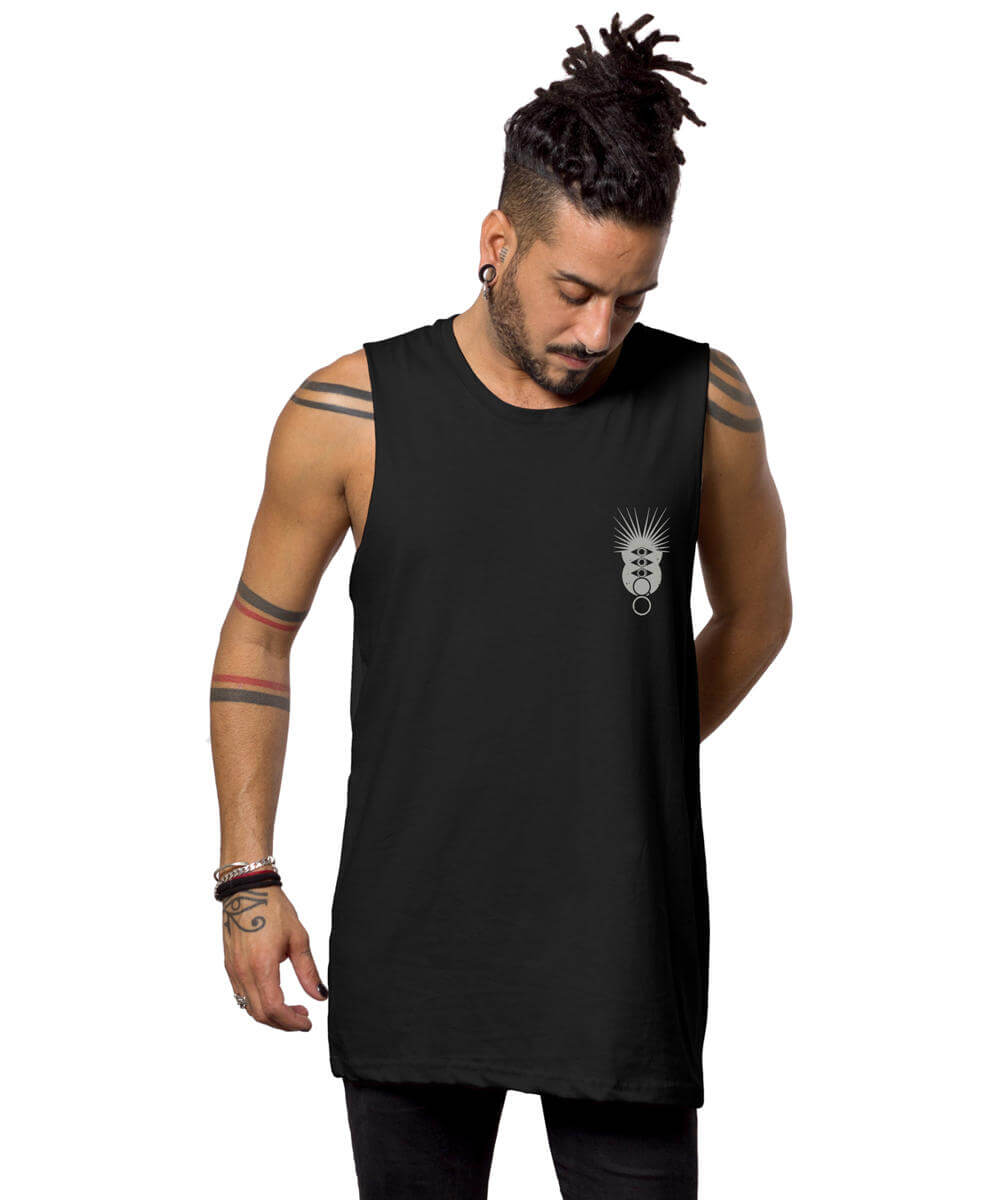 Man wearing a black sleeveless shirt with a logo on a white background