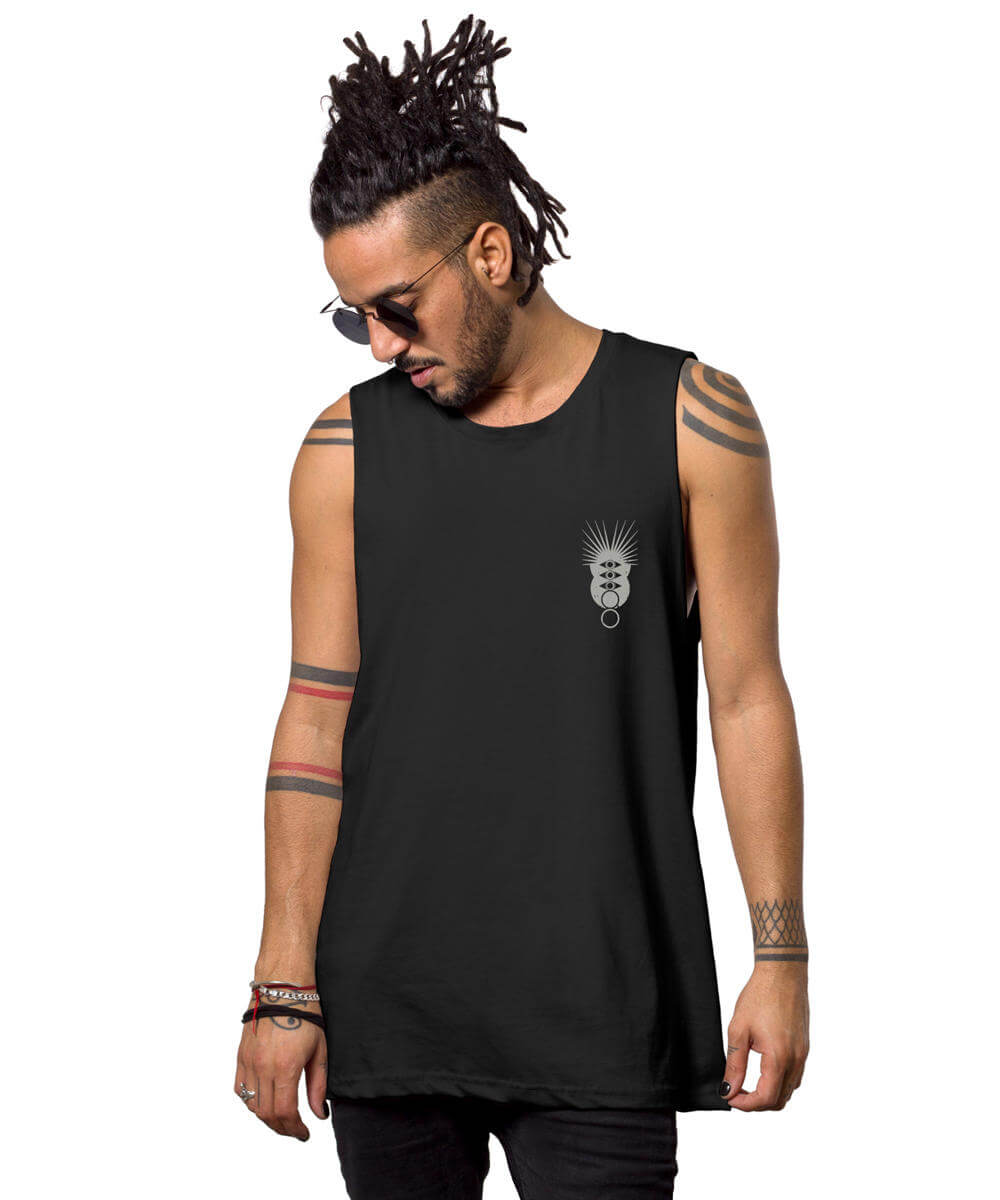 Man wearing a black sleeveless shirt with a logo on a white background