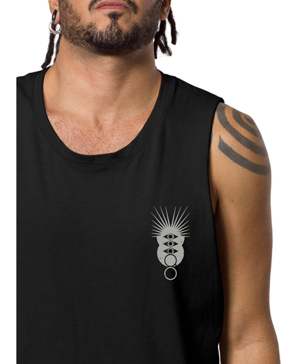 Black tank top with a white graphic design on a white background