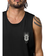 Black tank top with a white graphic design on a white background