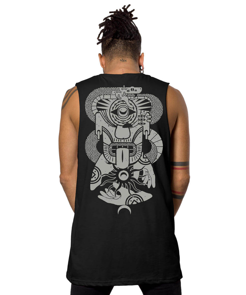Black sleeveless shirt with a white graphic design on the back, worn by a person.
