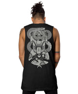 Black sleeveless shirt with a white graphic design on the back, worn by a person.