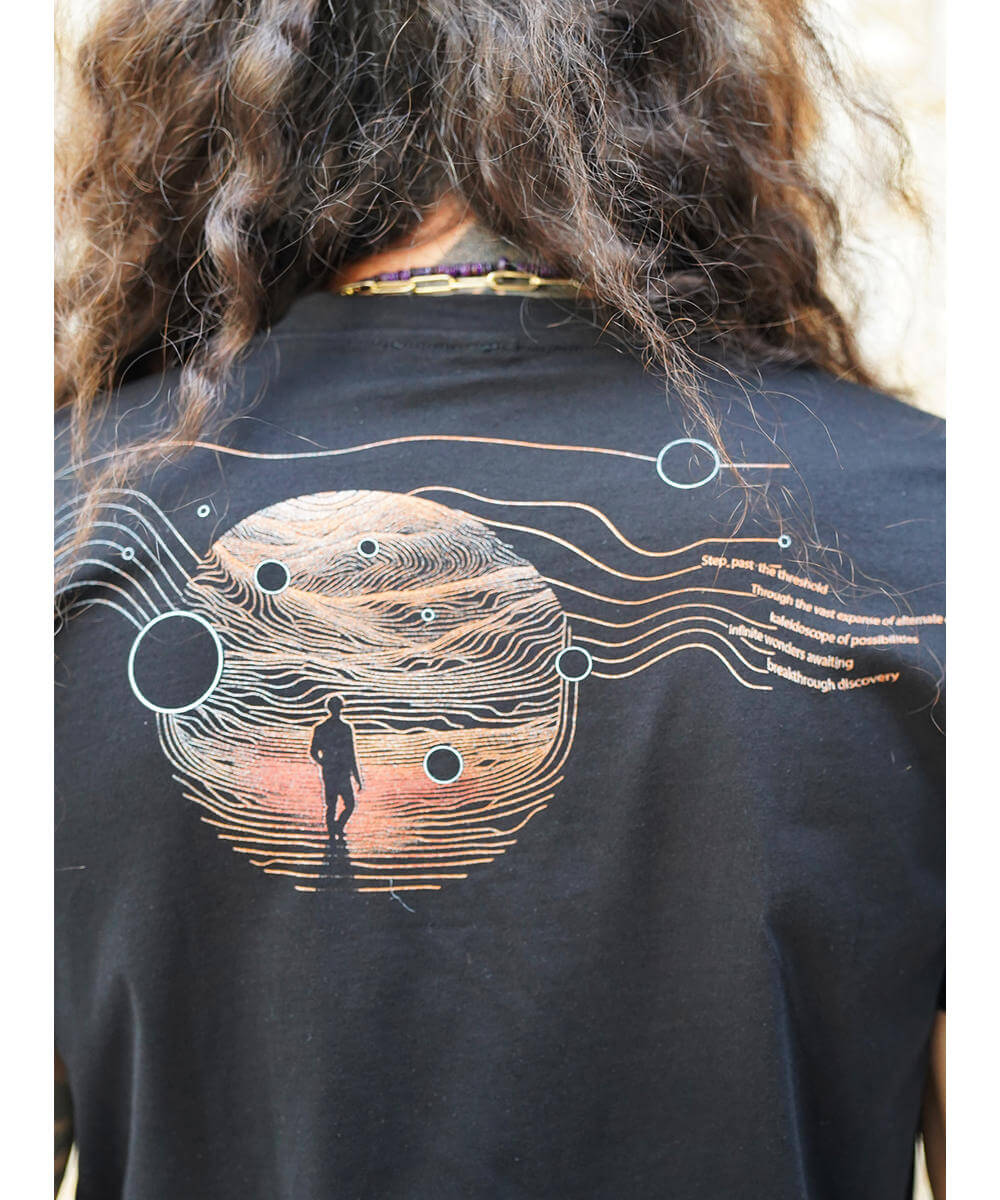 mens screen print tee with a man on moutains