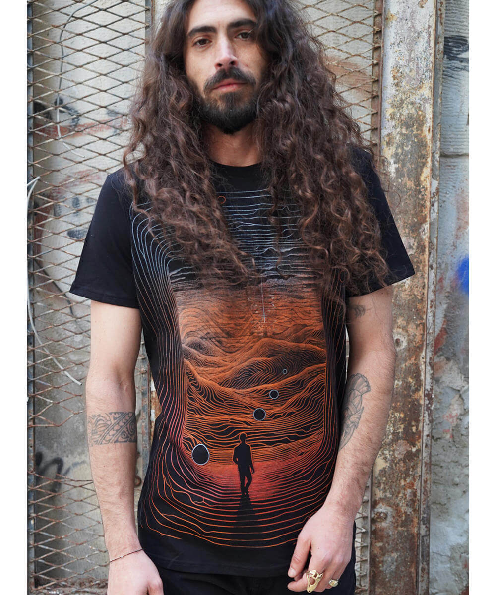 mens screen print tee with a man on moutains