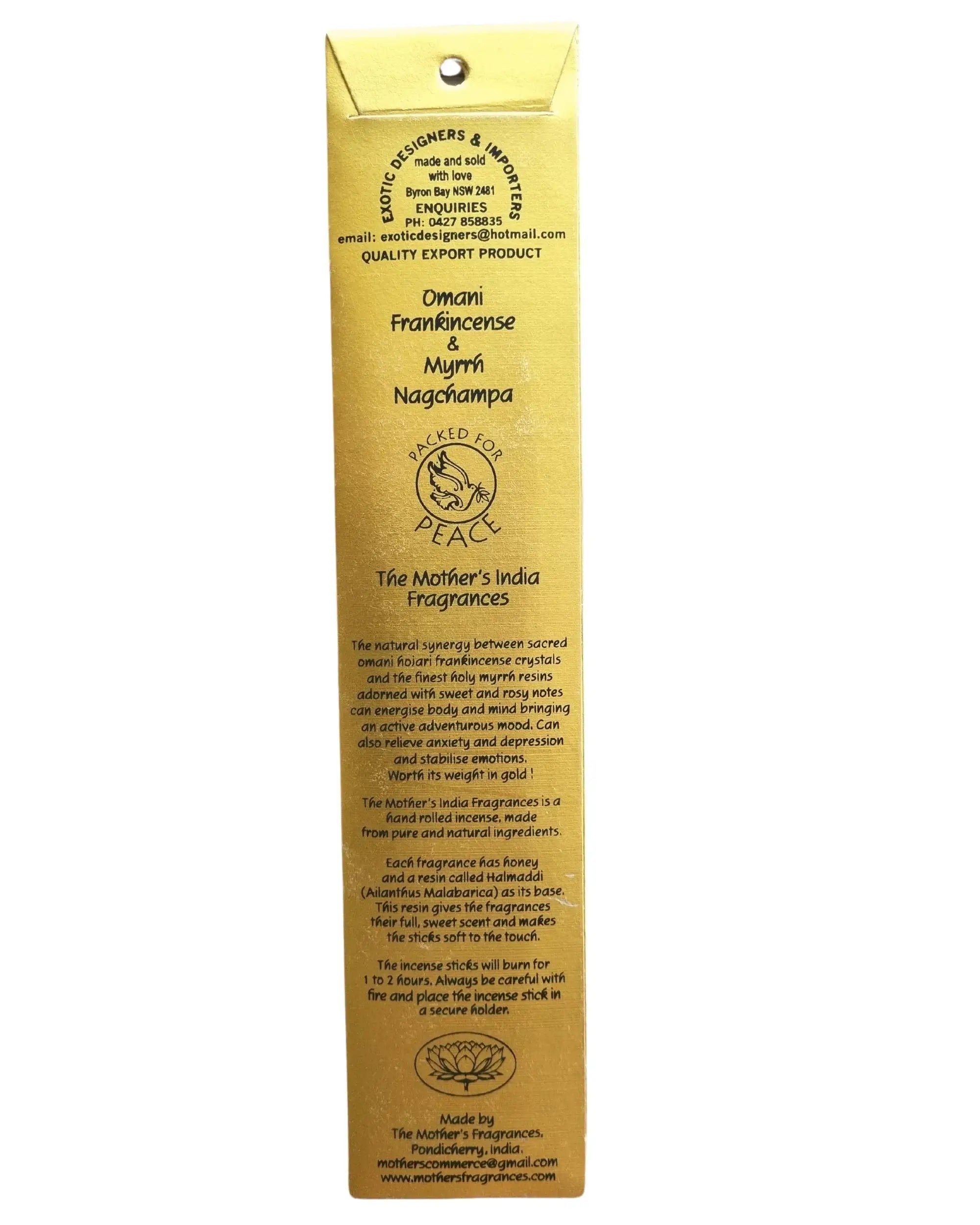 Omani Frankincense and Myrhh Nagchampa Real Incense by The Mother's India Fragrances Tantrika Australia