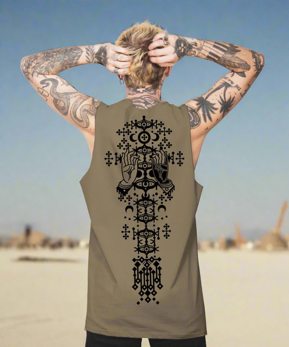 plazmalab mens singlet tank top danza dark sand tantrika festival fashion australia