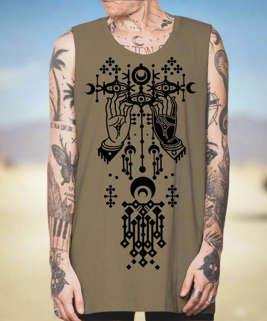 plazmalab mens singlet tank top danza dark sand tantrika festival fashion australia