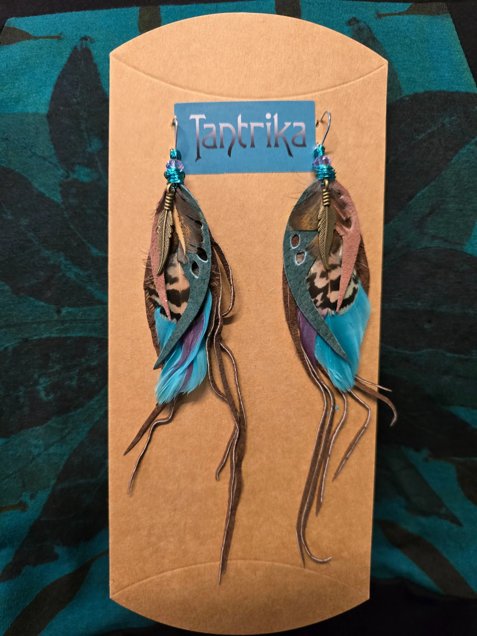 sage feather and leather earrings tantrika fashion australia