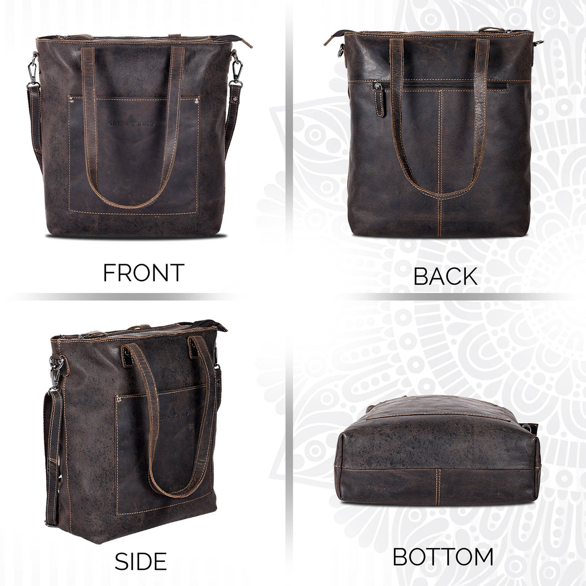 Brown leather bag shown from front, back, side, and bottom angles on a white background.