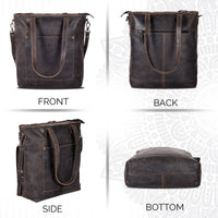 Brown leather bag shown from front, back, side, and bottom angles on a white background.