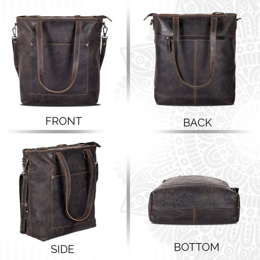 Brown leather bag shown from front, back, side, and bottom angles on a white background.