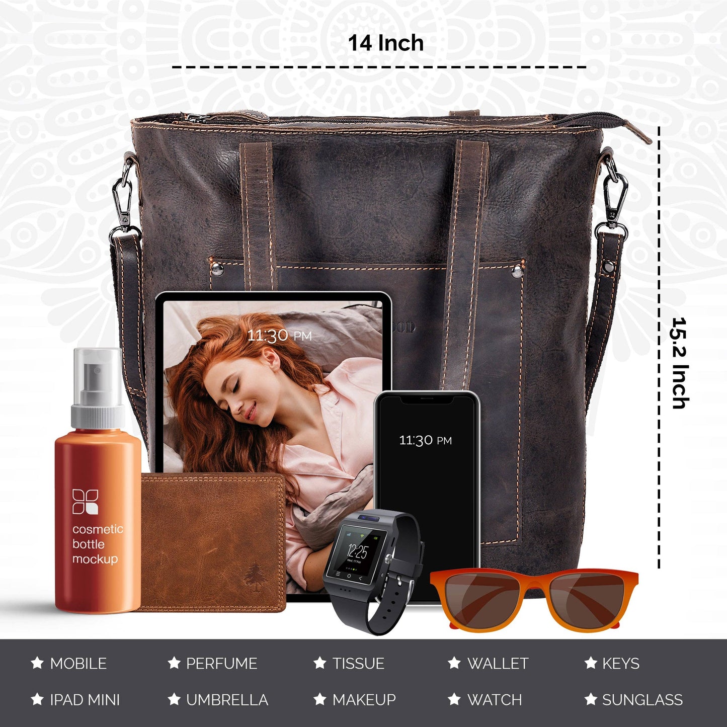 A dark brown faux-leather tote bag shown with overlaid dimension labels reading 14 Inch across the top and 15.2 Inch on the right side.