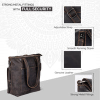 Brown leather bag with features highlighted on a light gray background