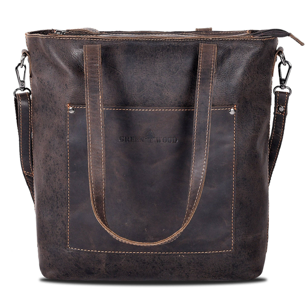 A dark brown distressed leather tote bag with double top handles, a front slip pocket with 'SWEETWOOD' debossed on it, and a detachable shoulder strap, shown against a plain white background.