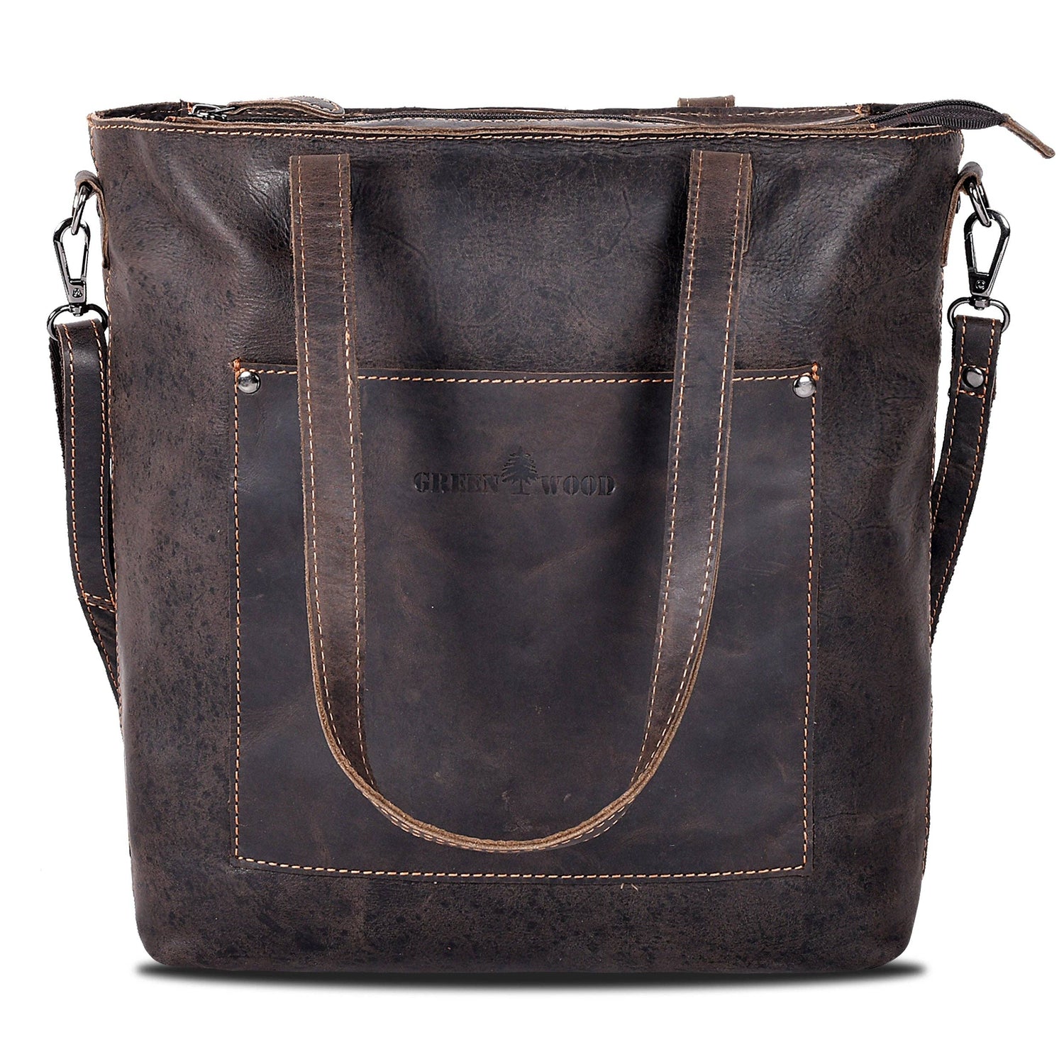A dark brown distressed leather tote bag with double top handles, a front slip pocket with 'SWEETWOOD' debossed on it, and a detachable shoulder strap, shown against a plain white background.