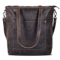 A dark brown distressed leather tote bag with double top handles, a front slip pocket with 'SWEETWOOD' debossed on it, and a detachable shoulder strap, shown against a plain white background.
