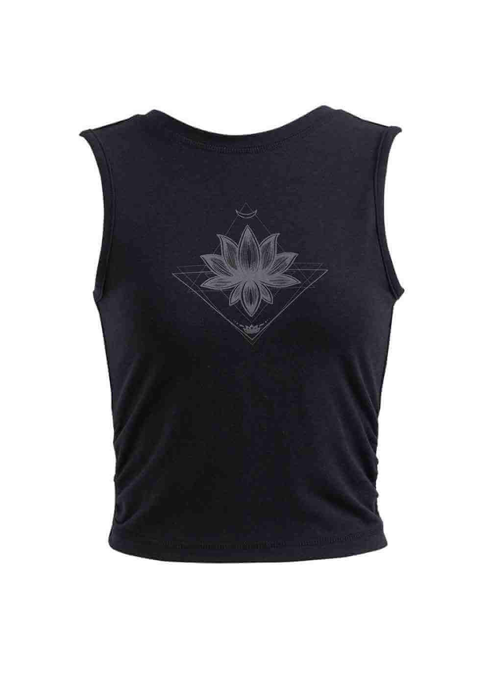 Black sleeveless shirt with a geometric flower design on a white background