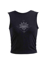 Black sleeveless shirt with a geometric flower design on a white background
