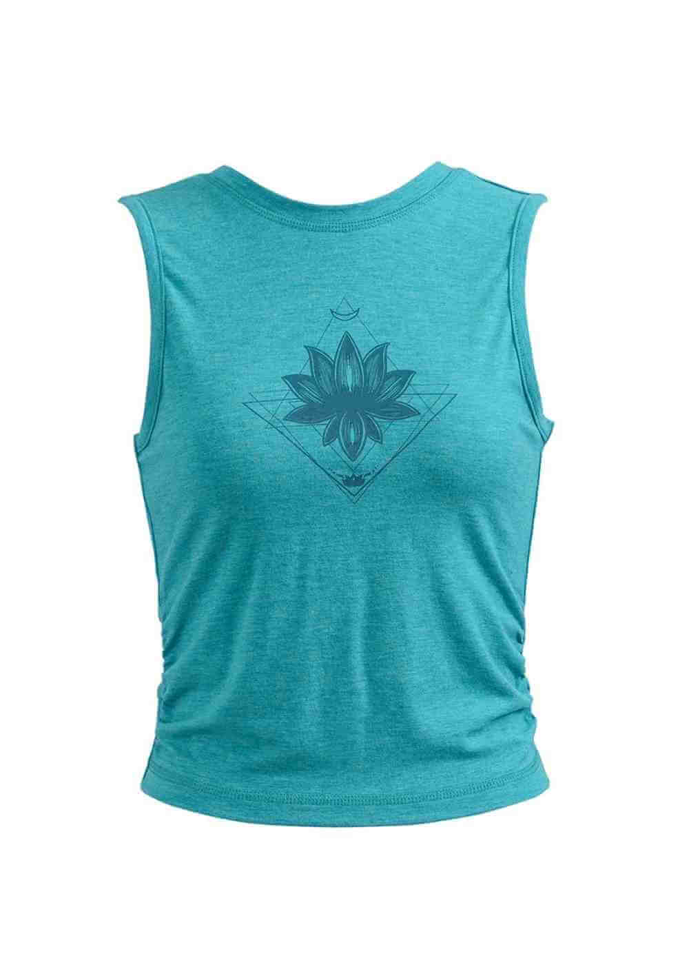 Turquoise tank top with a geometric floral design on a white background